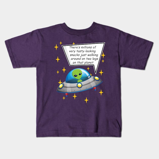 Space alien in spaceship millions tasty snacks on two legs Kids T-Shirt by Antzyzzz